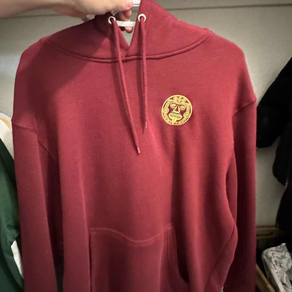 Red Pullover Hoodie Sweatshirt with Emblem